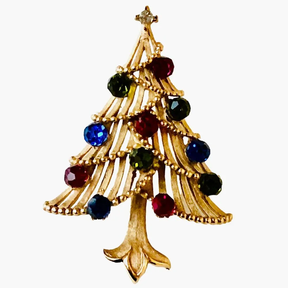 Trifari Vintage Crown Goldtone Multi-Color Rhinestone Christmas Tree Brooch